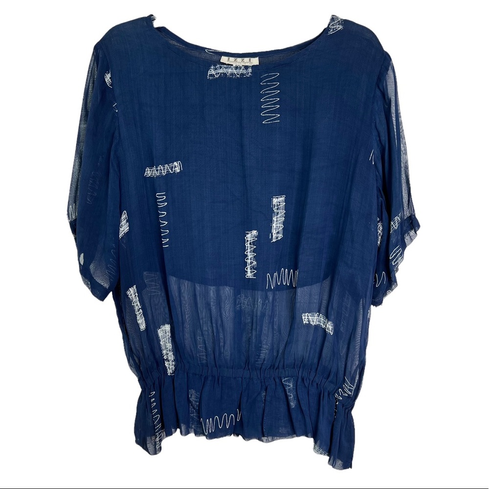 Vintage Izzi Half Sheer Printed Short Sleeve Blouse in Navy Women’s Sz 50 (US L)